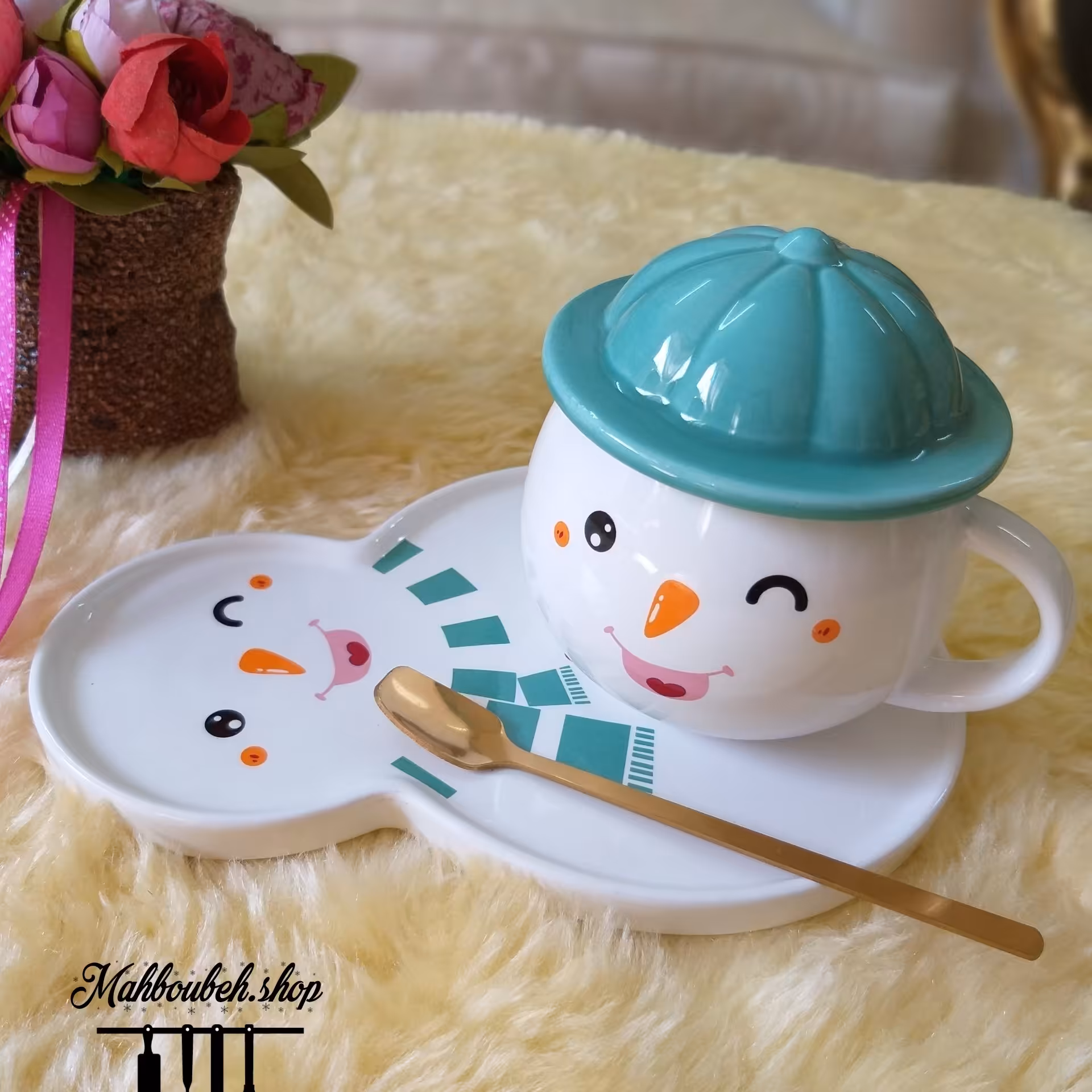 ماگ آدم برفی به همراه بشقاب و قاشق - یه کادو زیبا ( ارسال رایگان نیست )