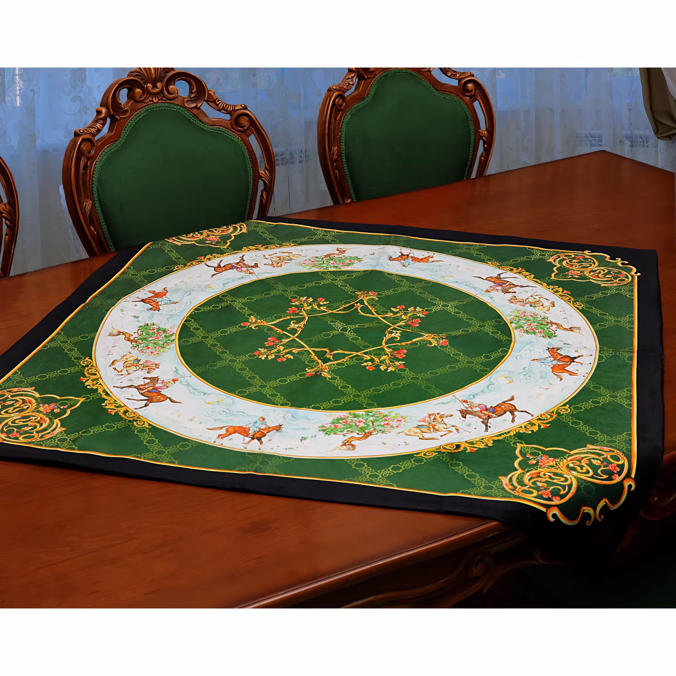 رومیزی مربع سایز 100 طرح چوگان سبز سلطنتی