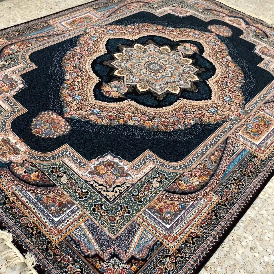 فرش 700 شانه اصل 12 متری نقشه باغ معلق سرمه ای  تراکم 2550 