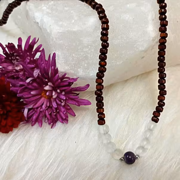 گردنبند چوبی تایلندی مدل سنگ عقیق و چشم گربه