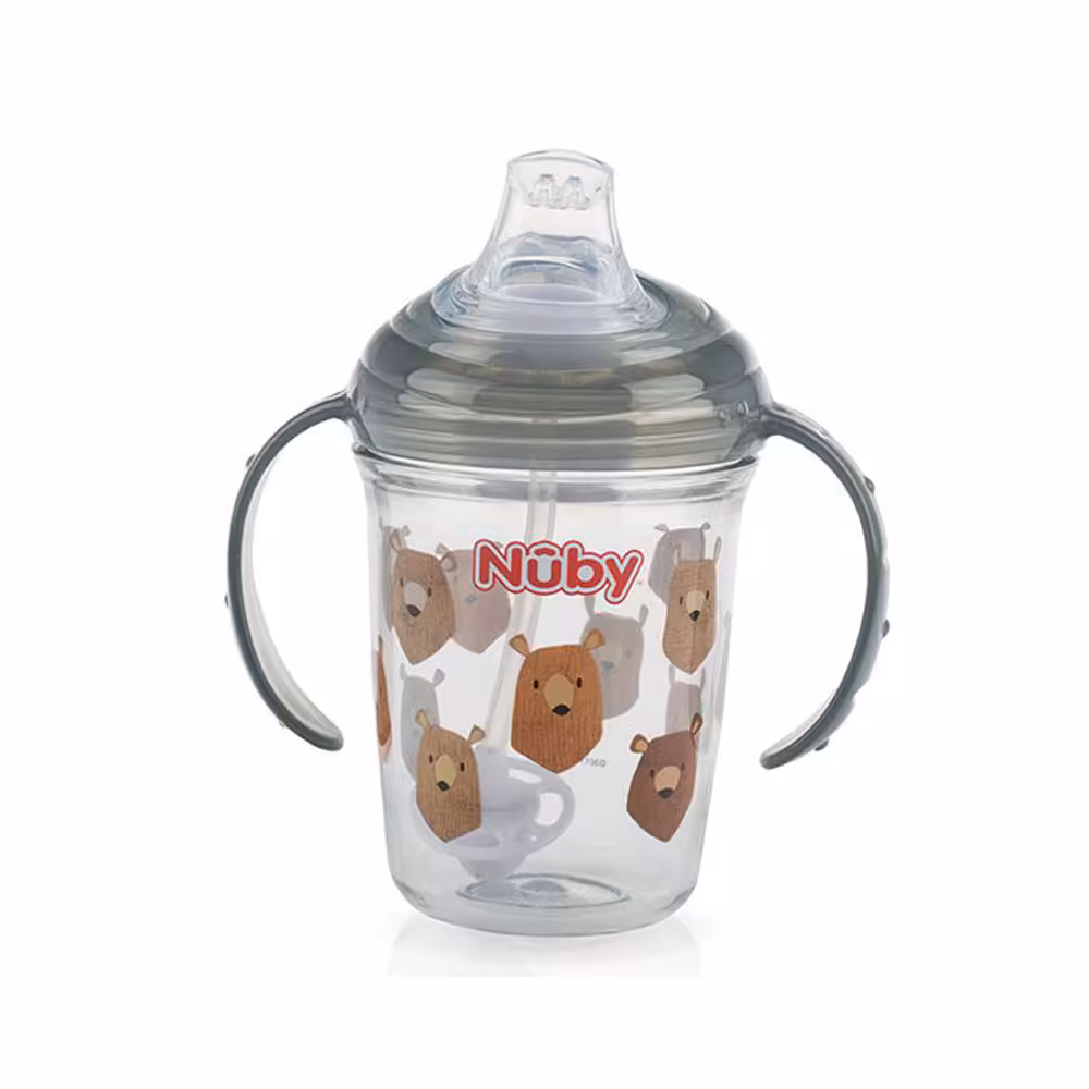 لیوان آبمیوه خوری 6  ماه با نی 360 درجه نابی NUBY ظرفیت 240 میلی لیتر طوسی