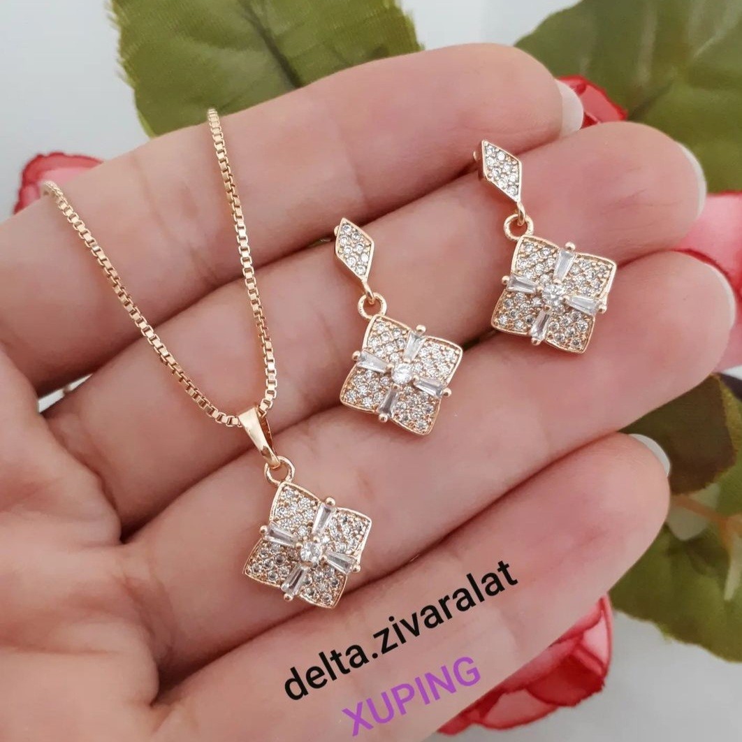 نیم ست ژوپینگ طرح جواهر  با زنجیر ونیزی ژوپینگ با آبکاری طلا و رنگ ثابت و ضد حساسیت 
