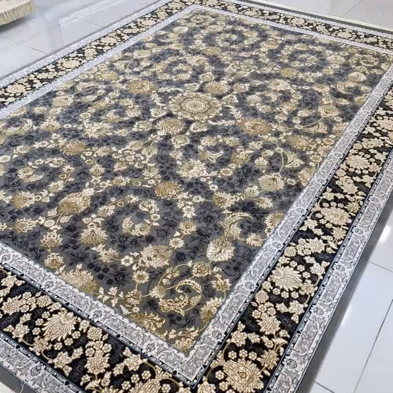 فرش ماشینی6متری گل برجسته طلاکوب طرح ماهروتراکم3000رنگ گری