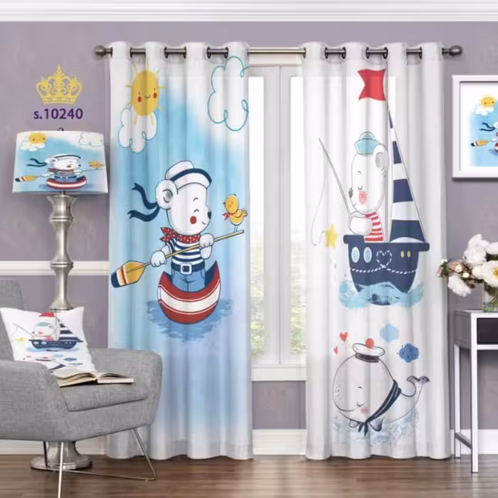 پرده اتاق خواب کودک دو قواره پانچ آماده طرح خرس ملوان  کد S10240