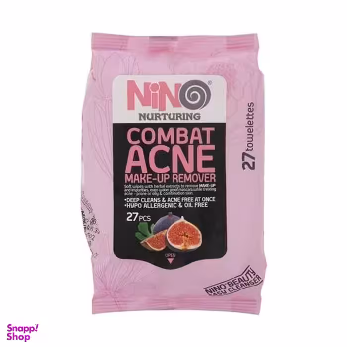 دستمال مرطوب پاک کننده آرایش نینو (Nino) مدل Combat Acne بسته 27 عددی