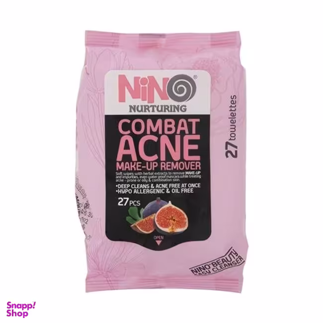 دستمال مرطوب پاک کننده آرایش نینو (Nino) مدل Combat Acne بسته 27 عددی