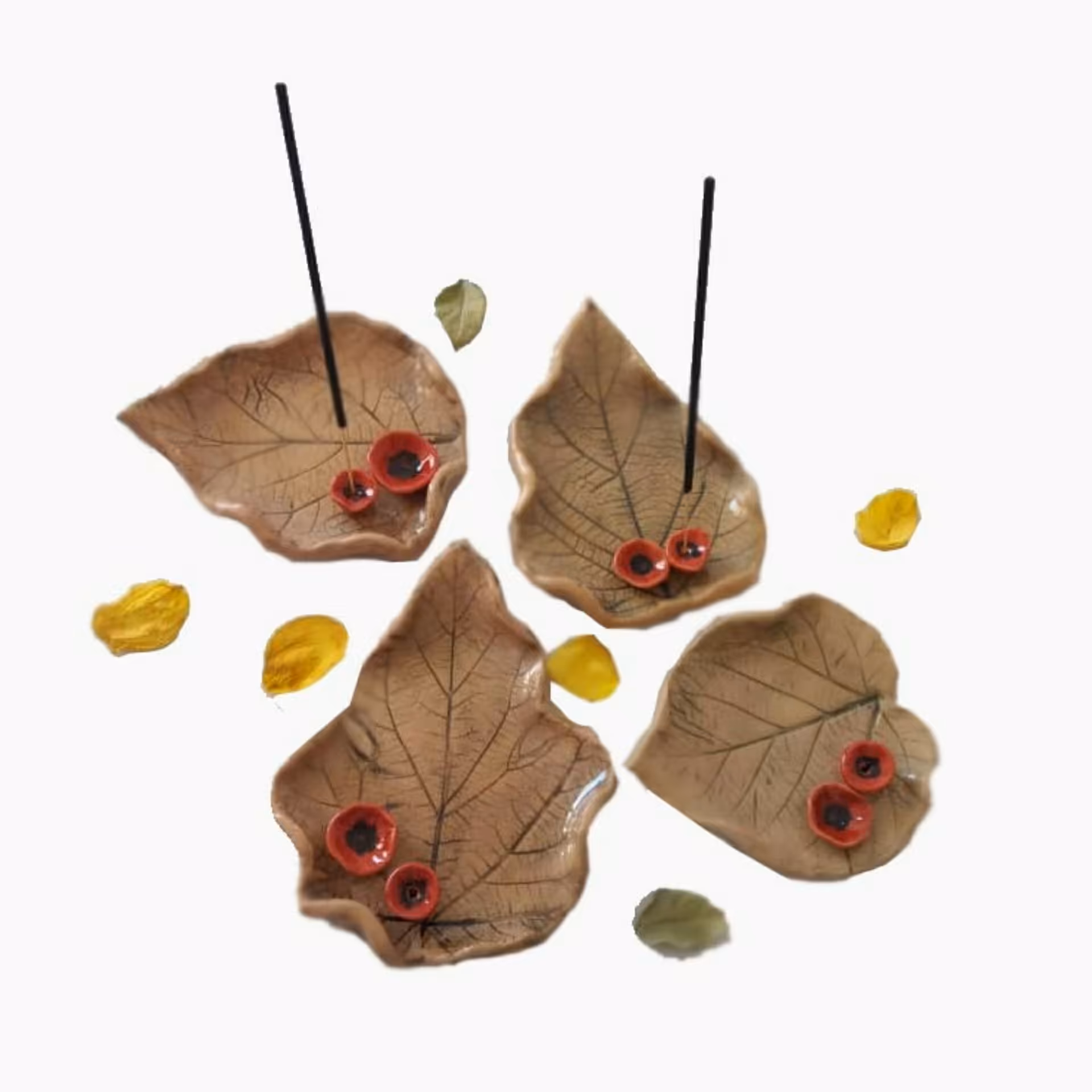 جاعودی و جا شمعی سفالی لعابدار دست‌ساز طرح برگ و شقایق کد 1