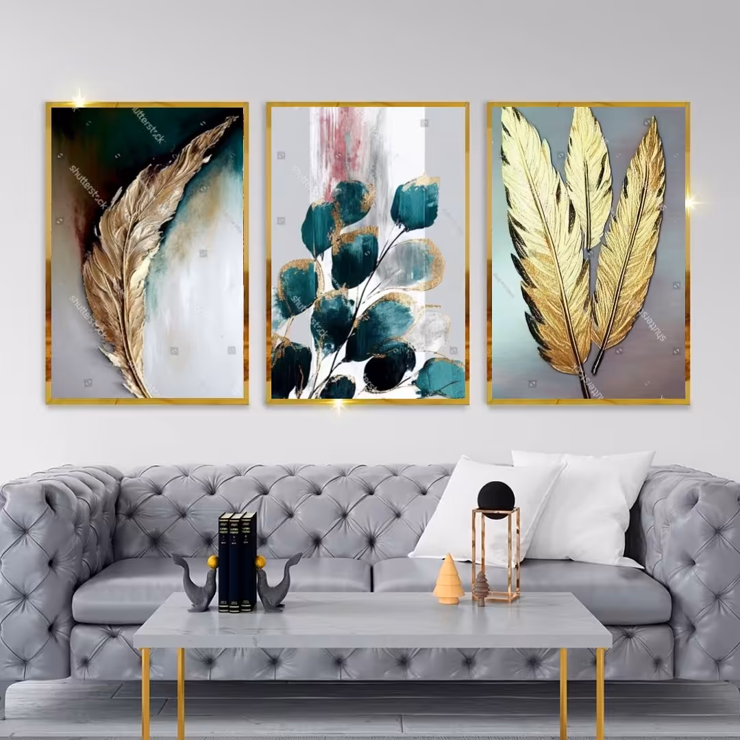 تابلو دکوراتیو  پر وگل طلایی وسبز سه تکه 