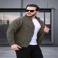 ژاکت جلو باز سبز مردانه کش باف بزرگ با زیپ Valiberta