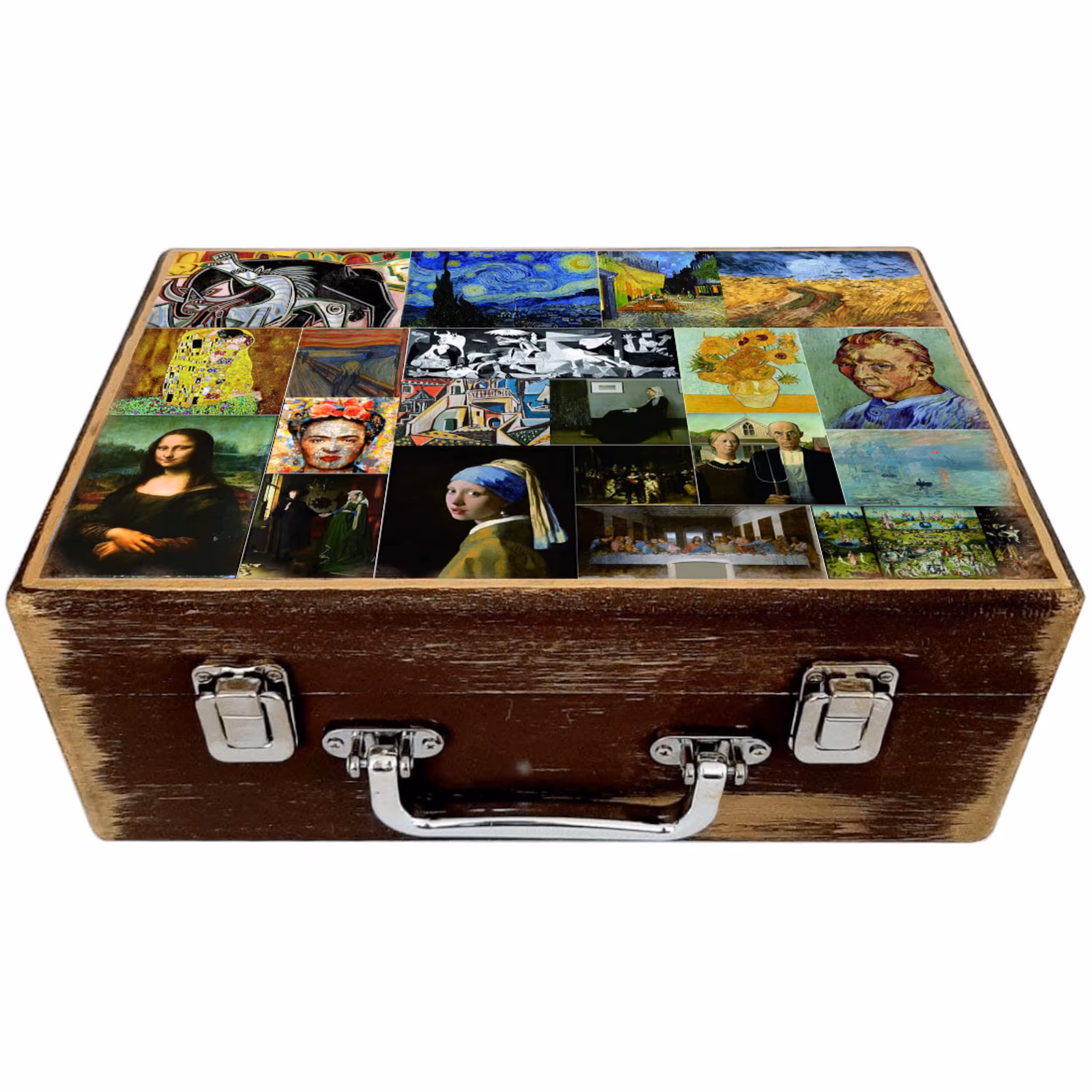 جعبه هدیه مدل چمدان چوبی طرح آثار بزرگ نقاشی 3