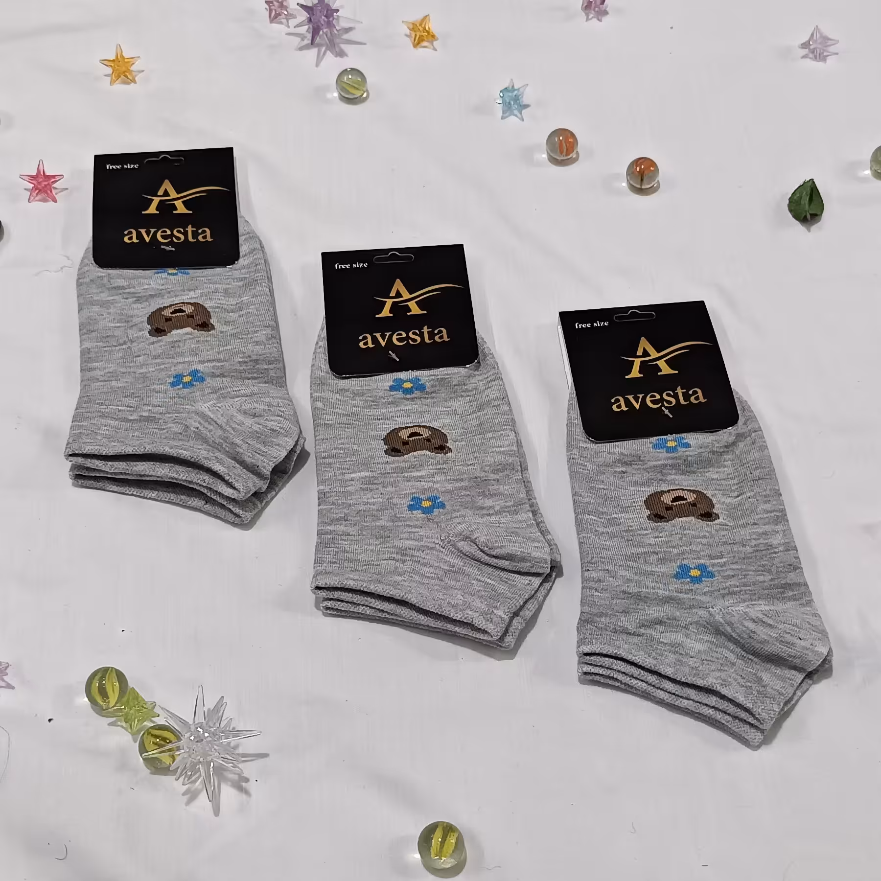 جوراب مچی نخی فانتزی طرح پاندا و گل رنگ طوسی با کیفیت و تراکم نخ بالا