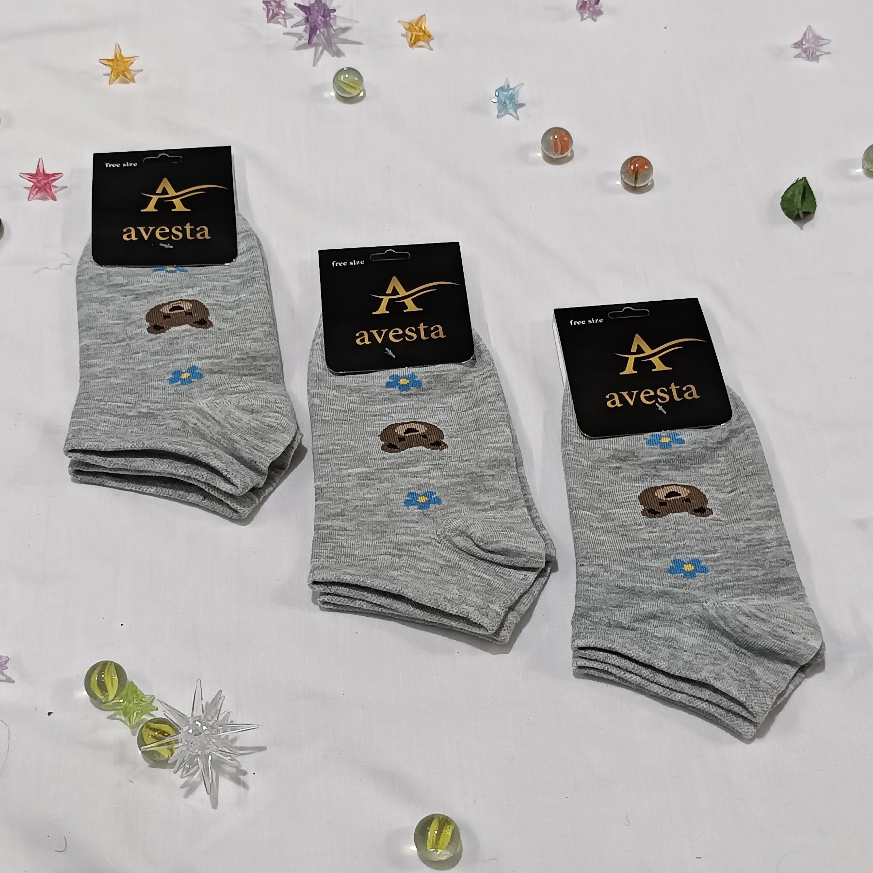 جوراب مچی نخی فانتزی طرح پاندا و گل رنگ طوسی با کیفیت و تراکم نخ بالا