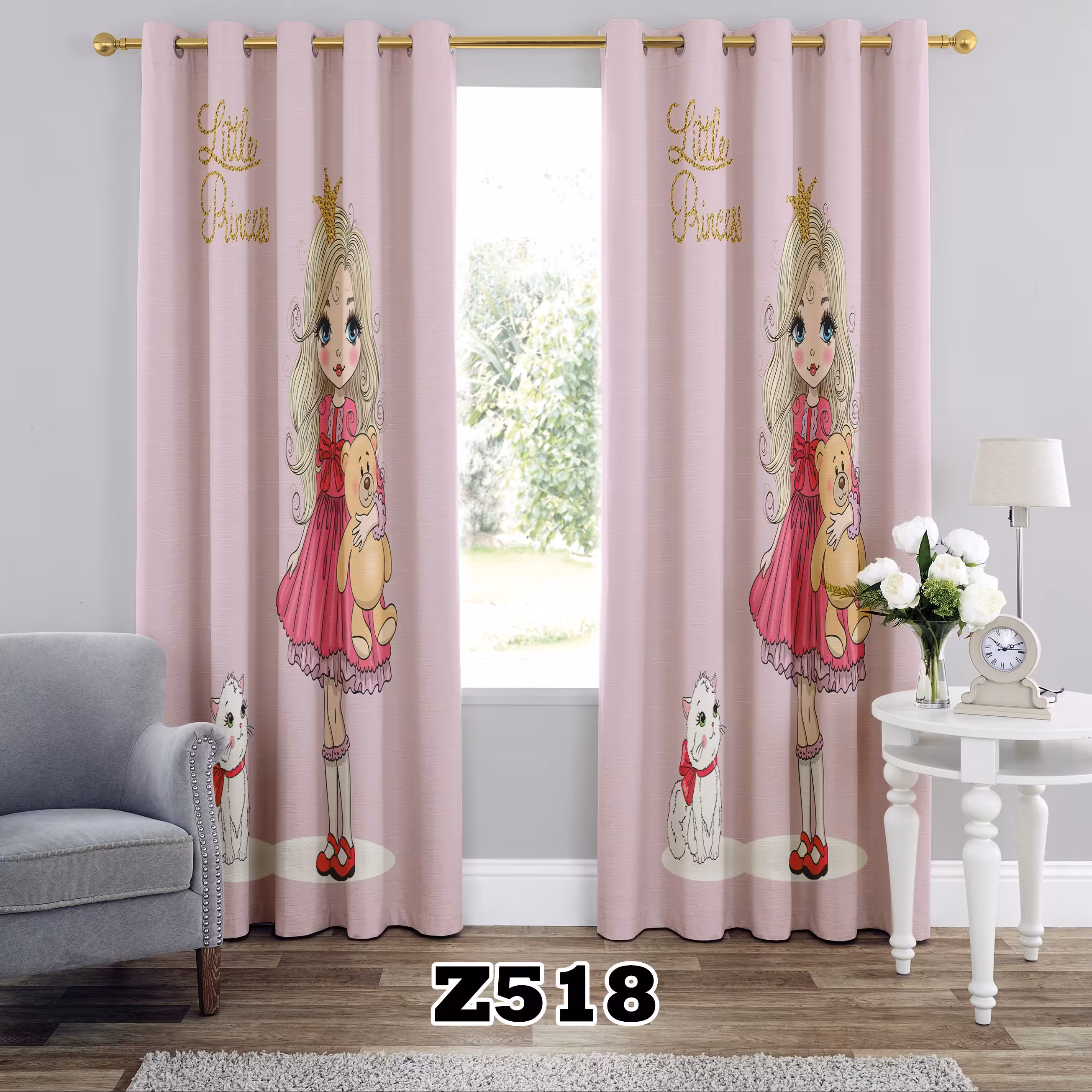 پرده چاپی طرح دخترانه کد Z518 تک قواره ارتفاع 300 عرض 140 سانت
