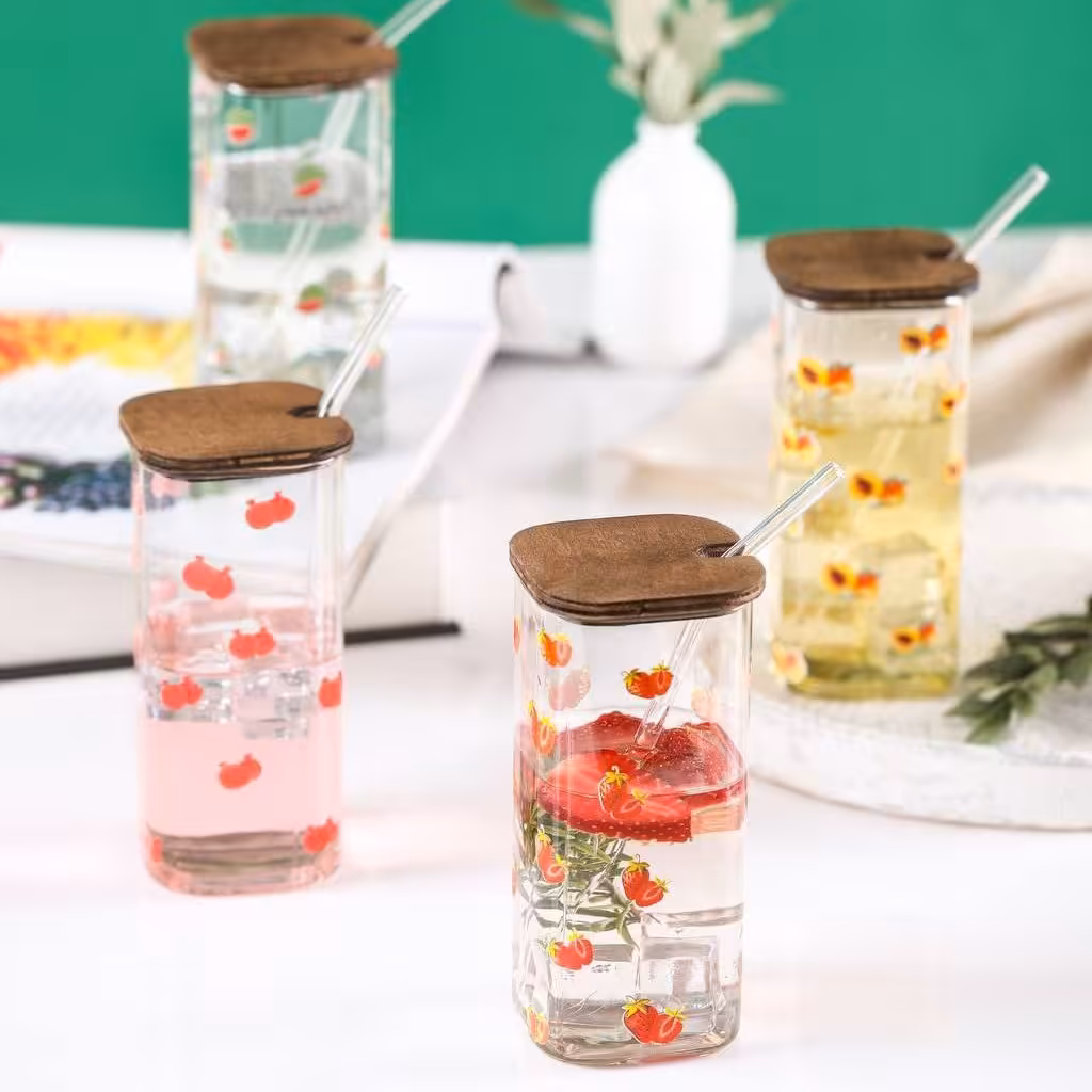 لیوان اسموتی طرح میوه شیشه ای