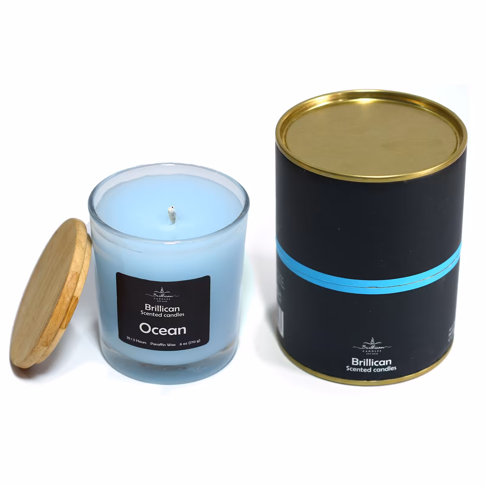 شمع جار عطری شیشه ای  با درب چوبی - رایحه اقیانوس