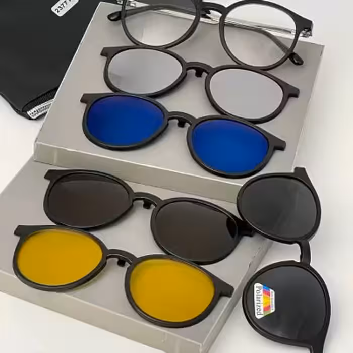 عینک طبی گرد با 5 کاور آفتابی دسته سیم کشی شده کد 203