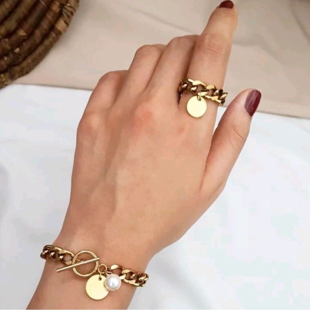 ست دستبند و انگشتر کارتیر استیل با آویز سکه و مروارید (لاوین گالری)