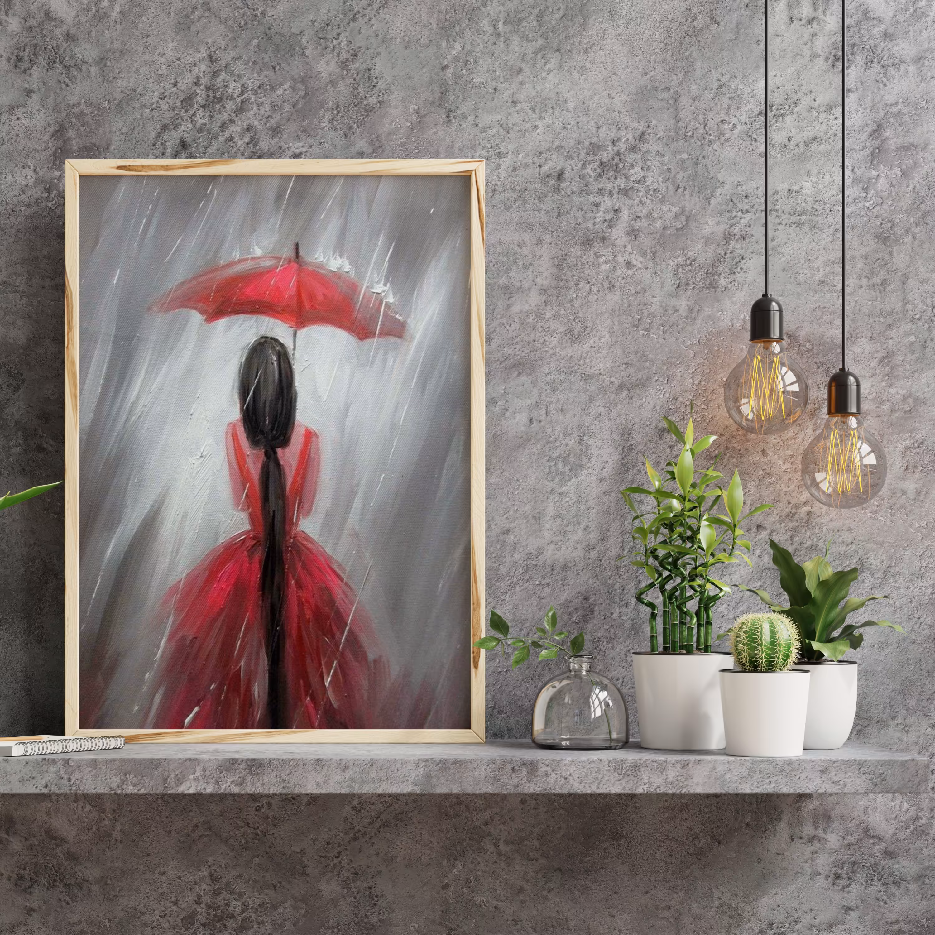 تابلو دختر بارانی تکنیک رنگ اکرلیک دکوراتیو