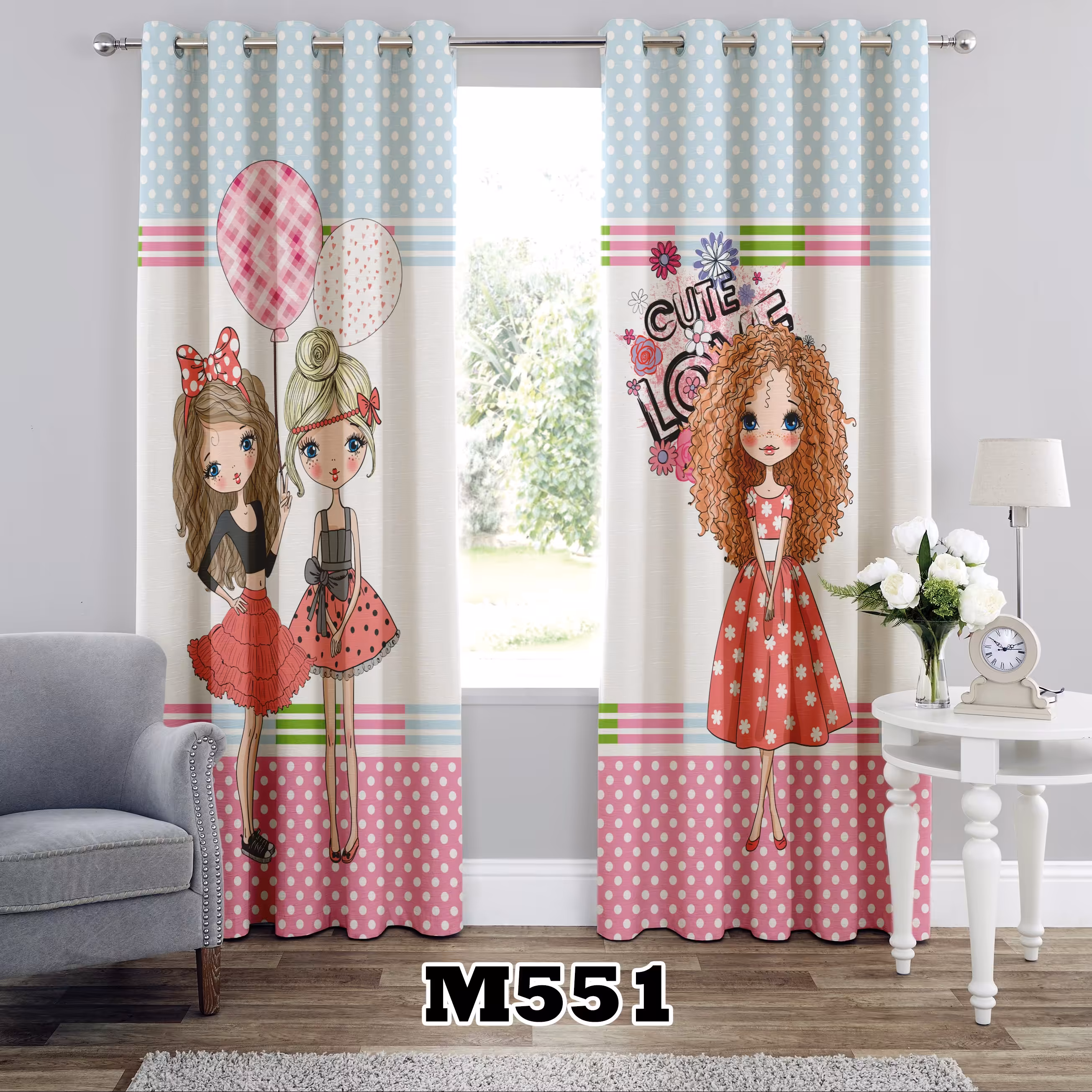 پرده چاپی طرح دخترانه کد M551 تک قواره ارتفاع 300 عرض 140 سانت 