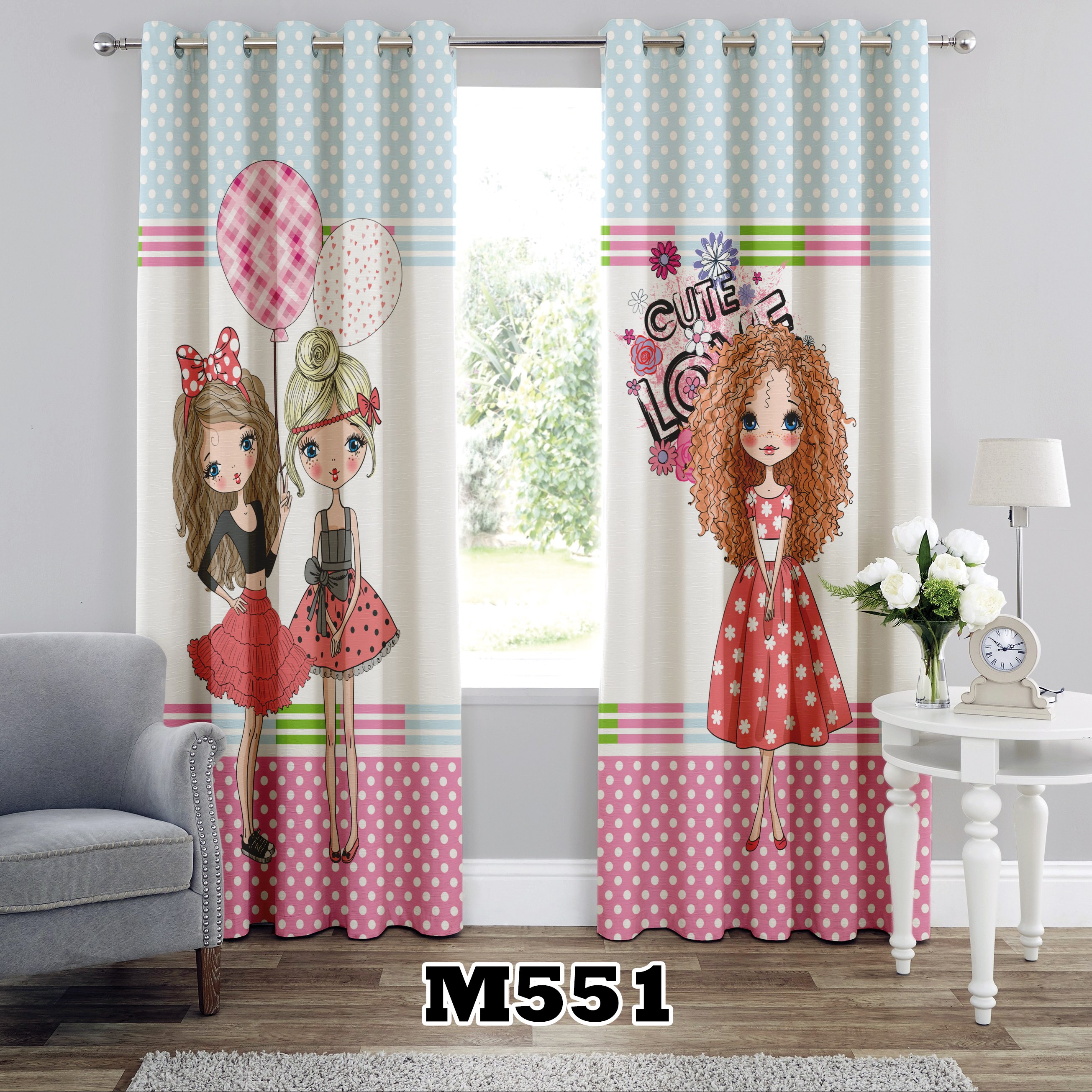 پرده چاپی طرح دخترانه کد M551 تک قواره ارتفاع 300 عرض 140 سانت