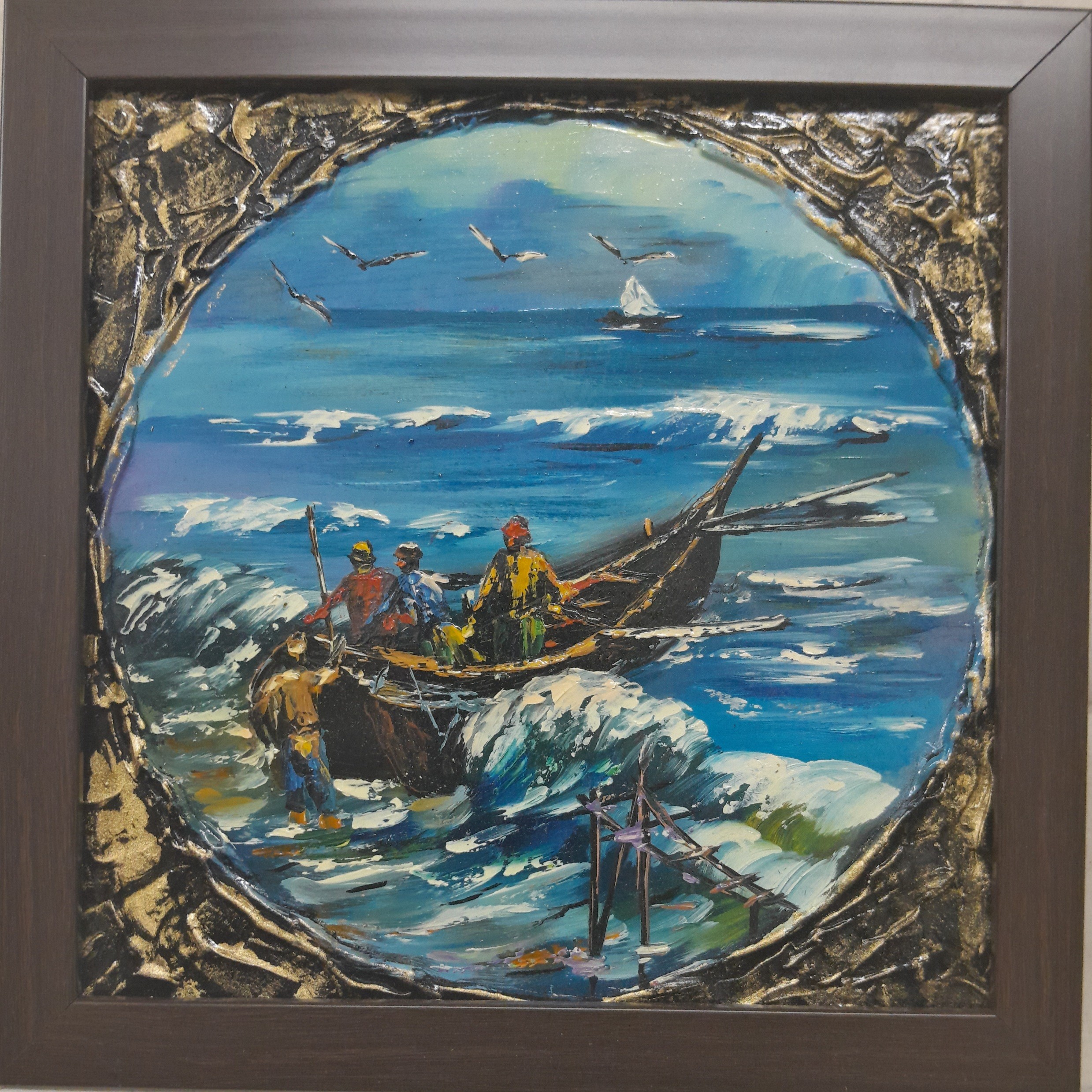 نقاشی رنگ روغن با دور کار پتینه با قاب دور کار