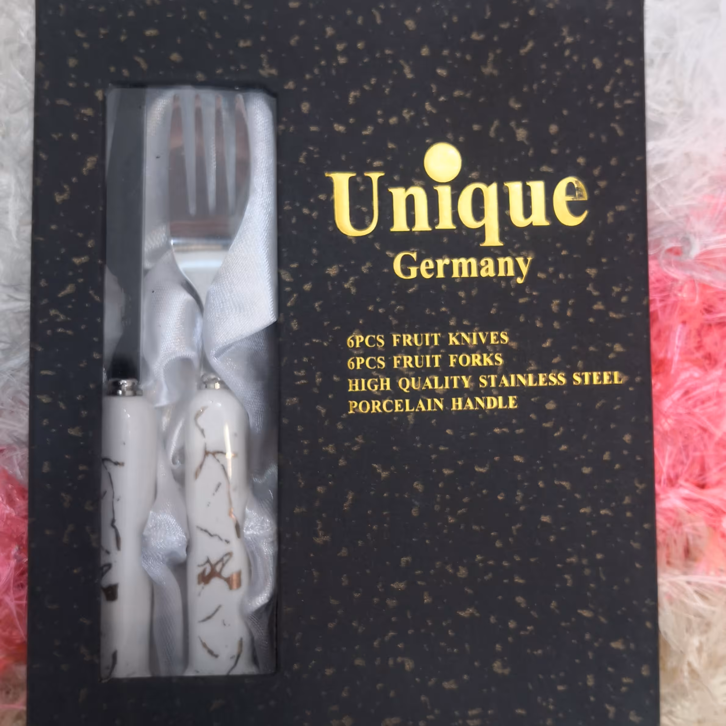 کارد و چنگال دسته سرامیک یونیک 6عددی باکیفیت عالی جعبه مشکی با تیغه آلمانی 