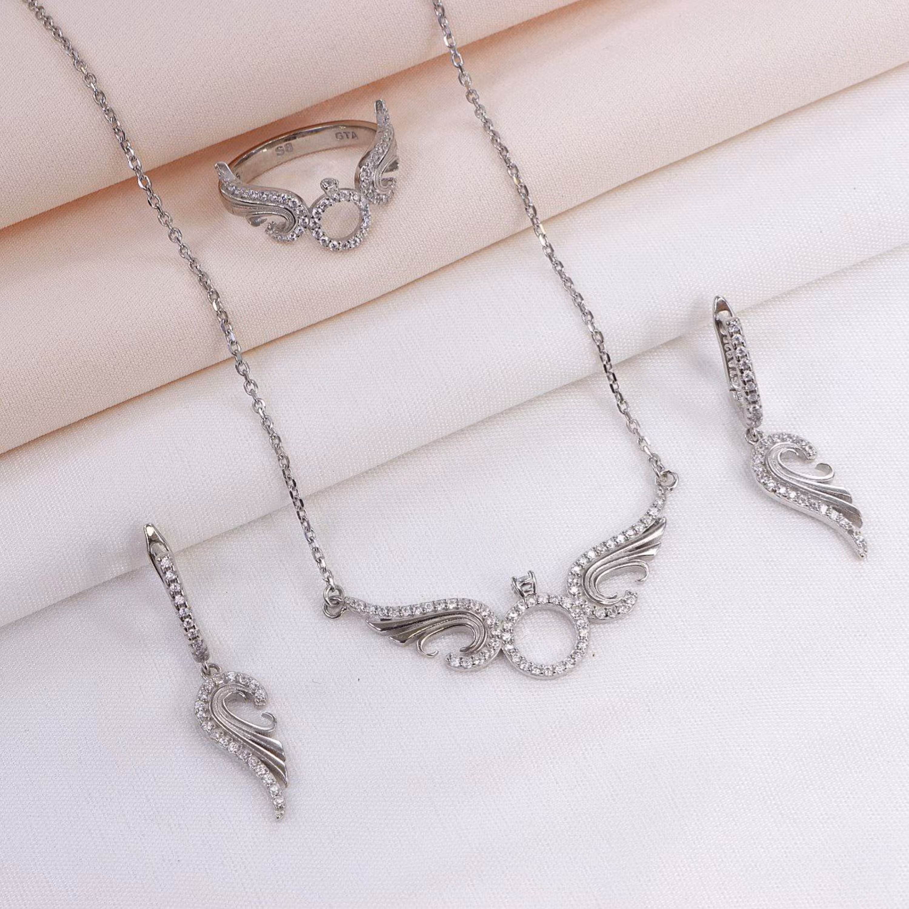 نیم ست نقره میکرو طرح حلقه و بال فرشته کد 16315-12