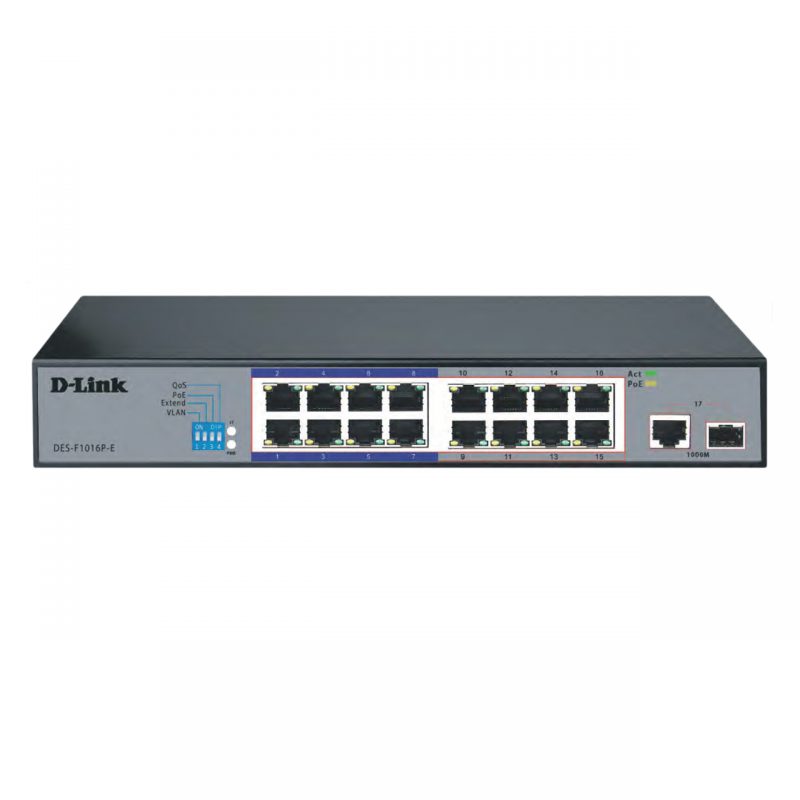سوییچ 16 پورت مگابیتی PoE نظارتی دی لینک مدل DES-F1016P-E