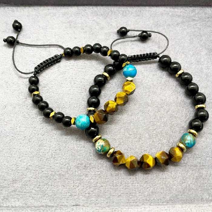 دستبند سنگ ست زنانه و مردانه دست ساز با سنگهای معدنی و اصل و بافت نخ چرمی