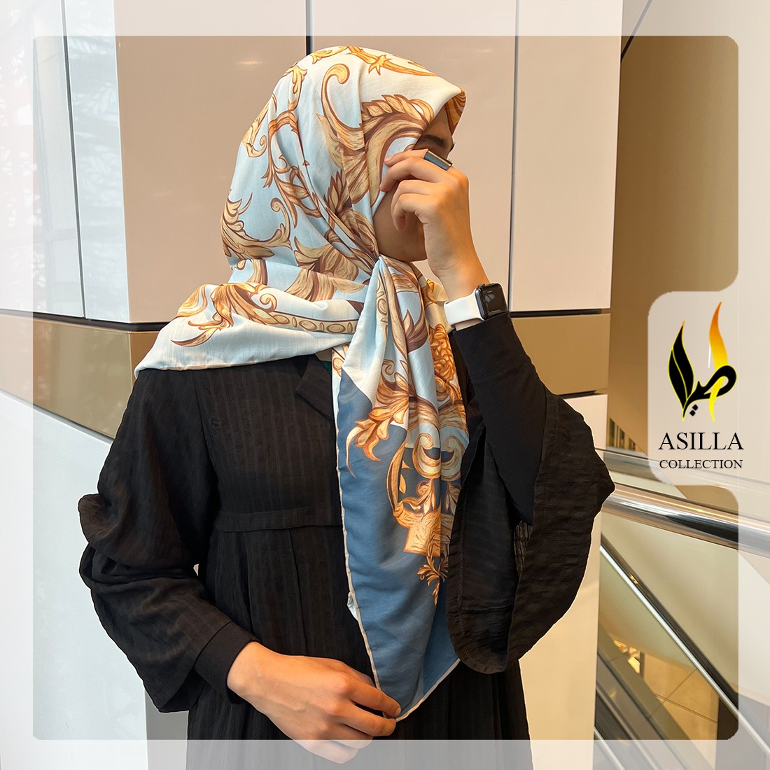 روسری نخی قواره 120 دور چرخ دوز رنگ آبی روشن