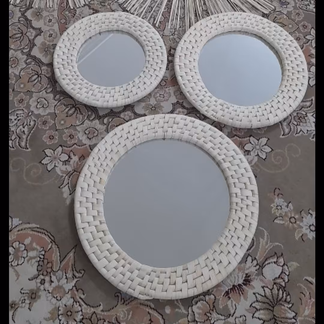 ست سه عددی قاب آینه حصیری کپوبافی طرح بوهو، قطر کار 40 و 35 و 30 سانت (پس کرایه)