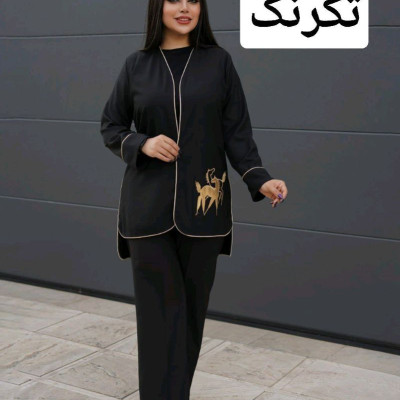مانتو شلوار زنانه کرپ مازراتی کجراه مدل کت وشلوارطرح اسب