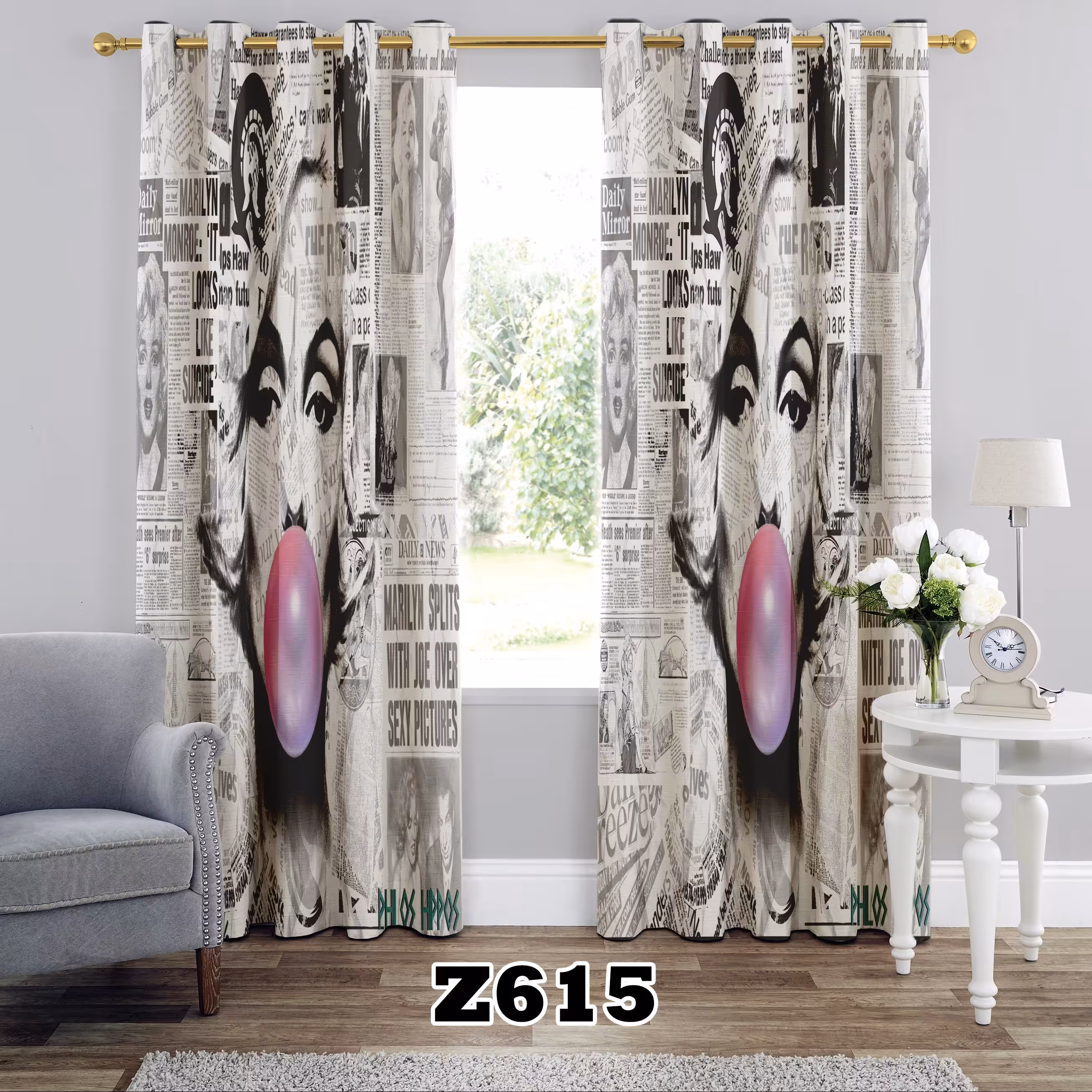 پرده اتاق خواب دخترانه طرح مرلین مونرو کد Z615 تک قواره ارتفاع 300 عرض 140 سانت