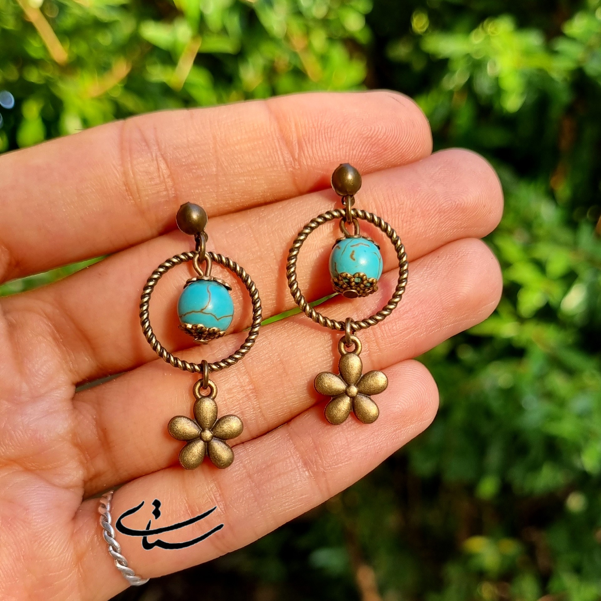 گوشوار برنز و سنگ فیروزه تبتی
