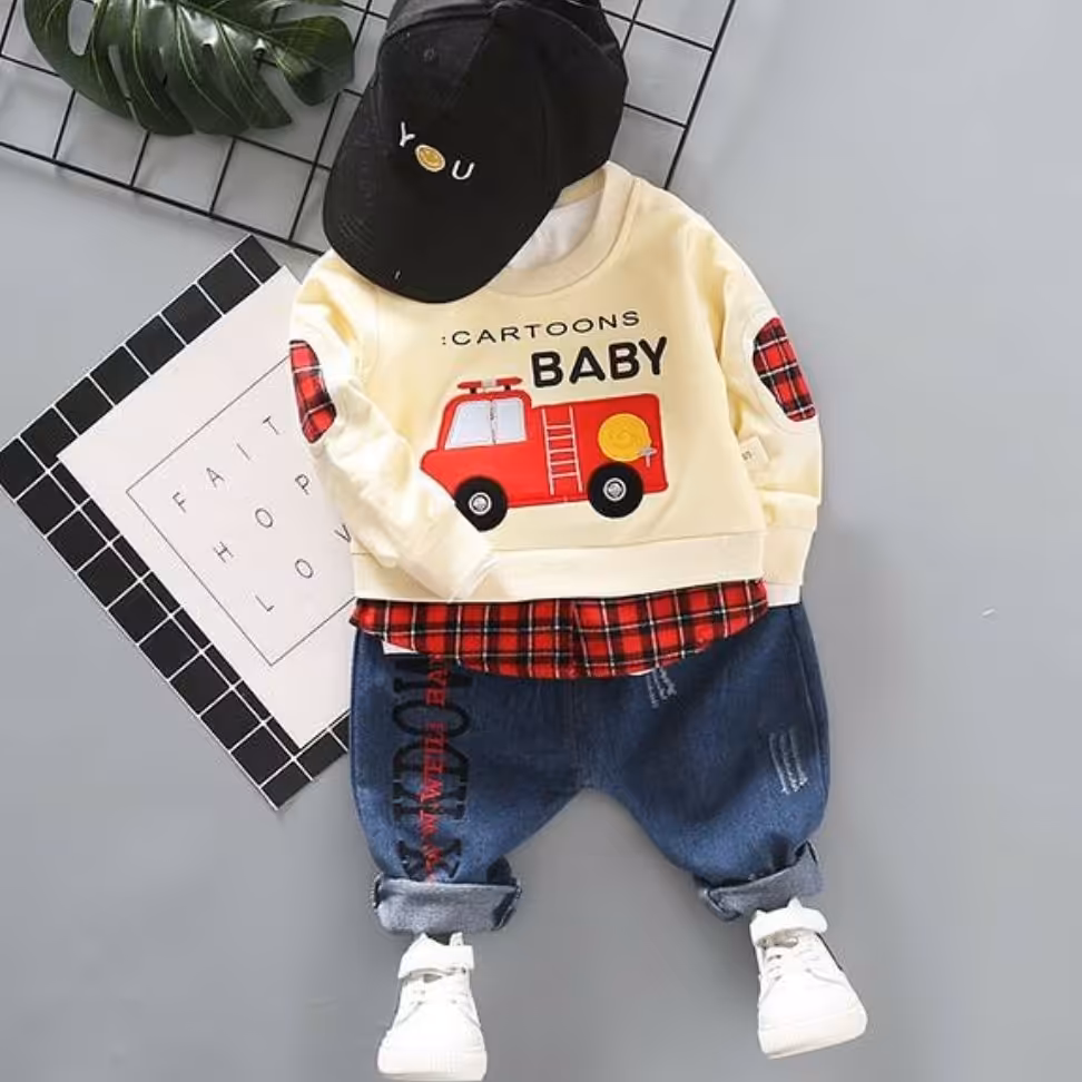 ست بلوز شلوار پسرانه طرح آتش نشان رنگ کرمی مناسب بهار و پاییز