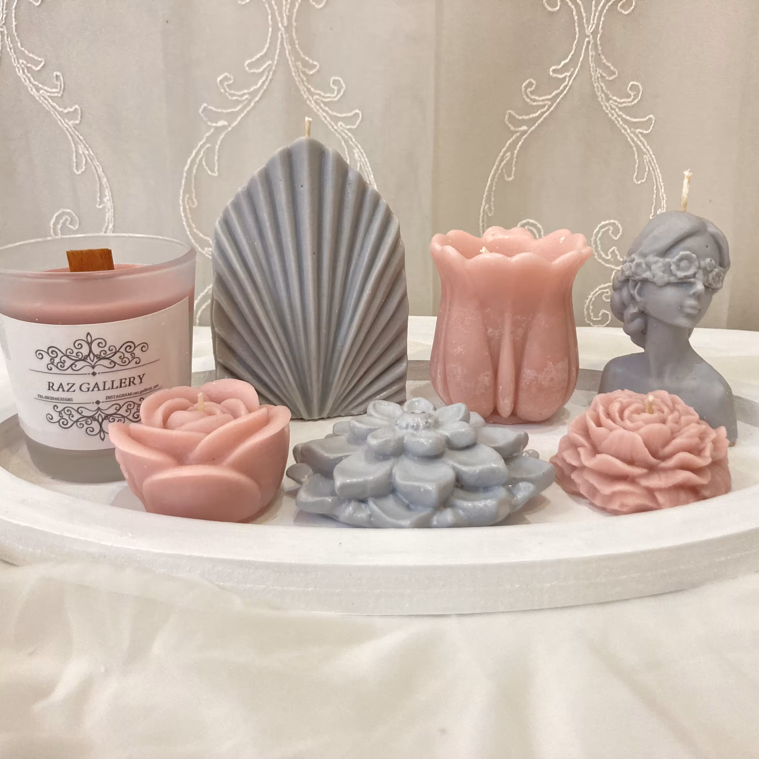 ست شمع طوسی و نوود جذاب ترکیبی با جا عودی طرح گل داوودی و سینی چوبی بیضی 