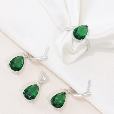 نیم ست تراش با سنگ اشکی سبز نقره عیار 925 کد 3110