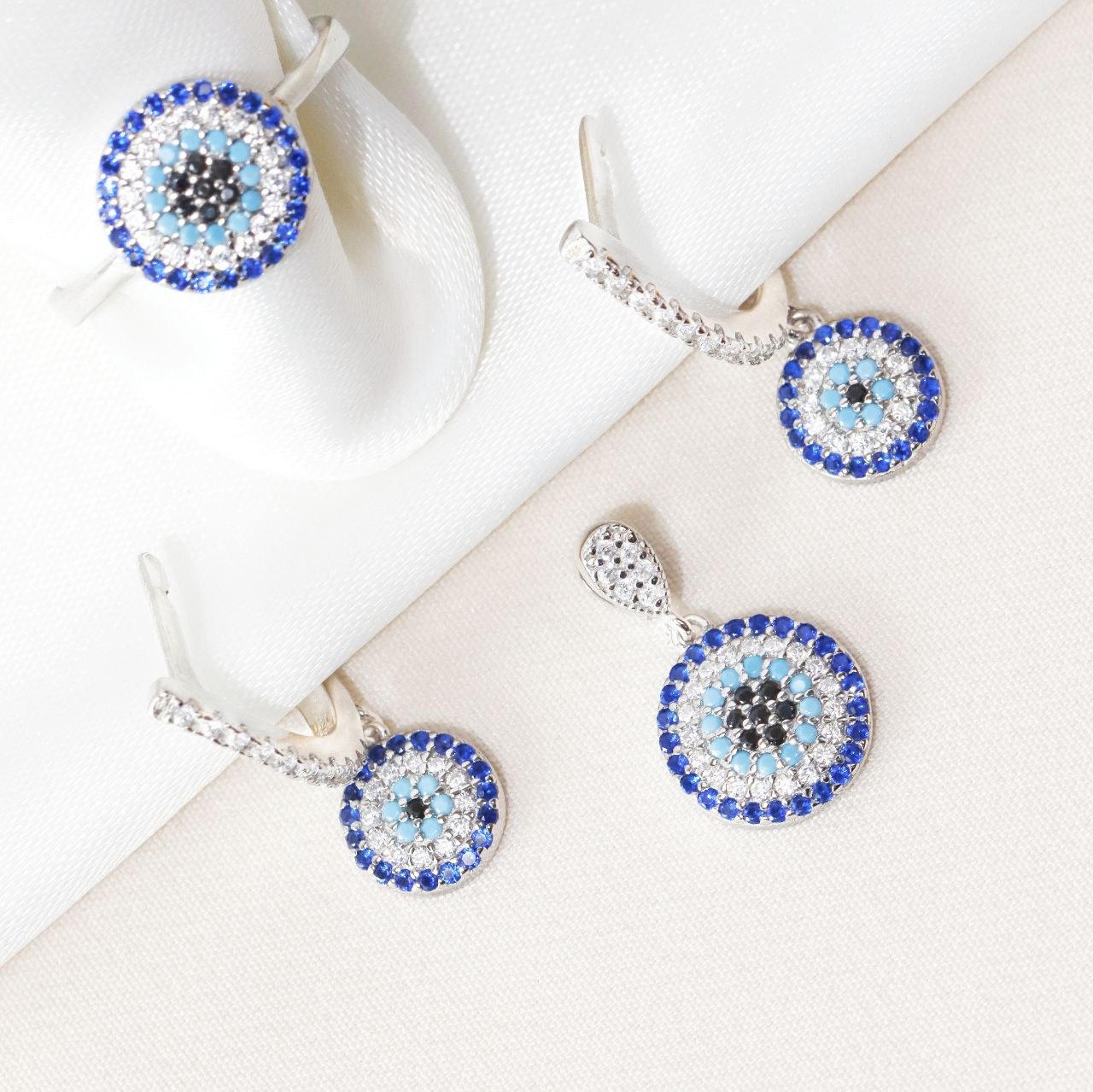 نیم ست نقره میکرو رنگی طرح چشم نظر  کد S-10187-8.5