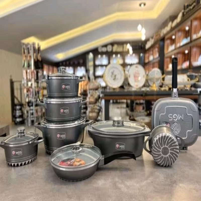 سرویس قابلمه ام جی اس 22 پارچه چدن گرانیت مدل کف رینگی طرح جدید ماربل باضمانت و آماده ارسال