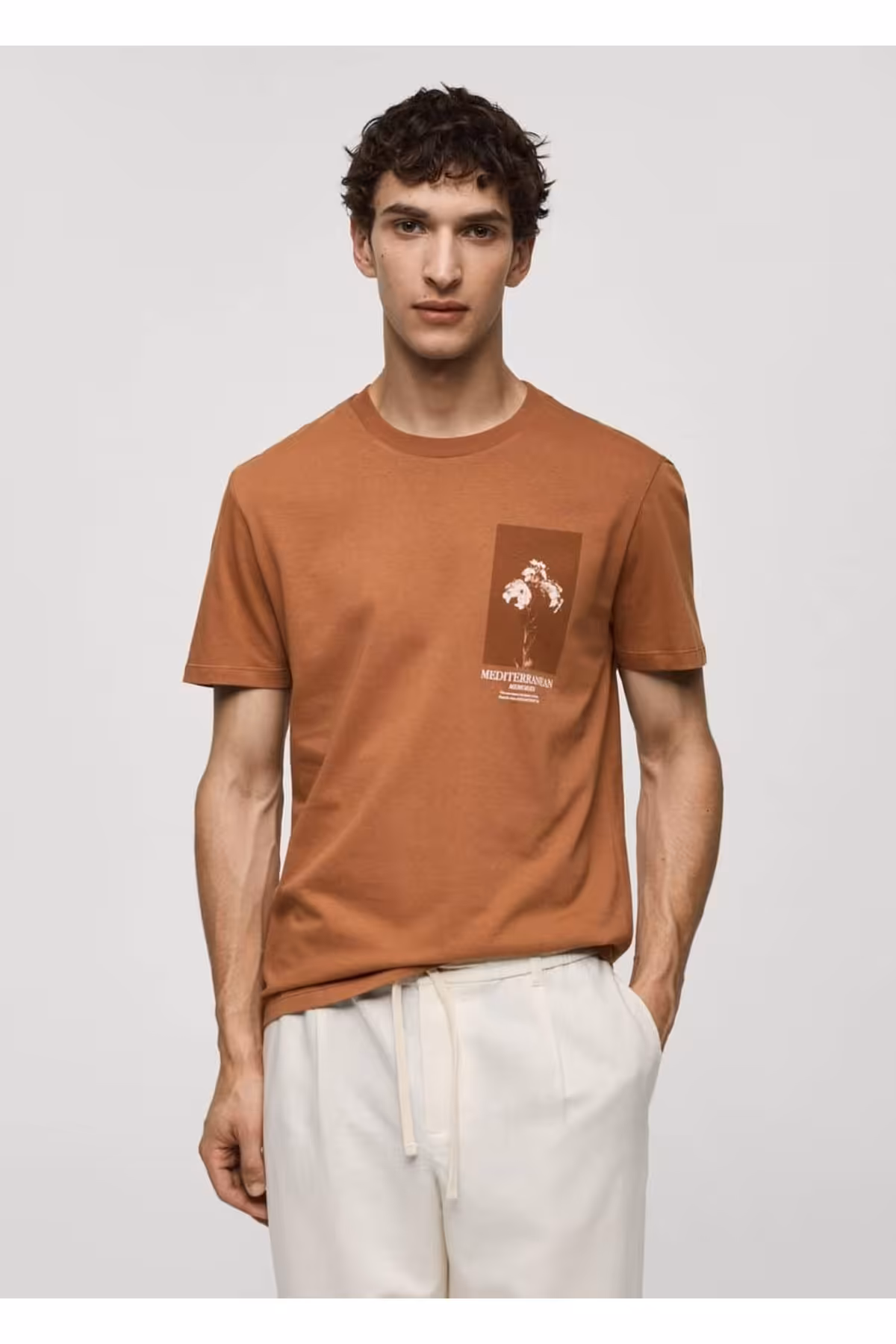 تی شرت نارنجی مردانه 100 ٪ پنبه با الگوی باریک تناسب T منگو MANGO Man