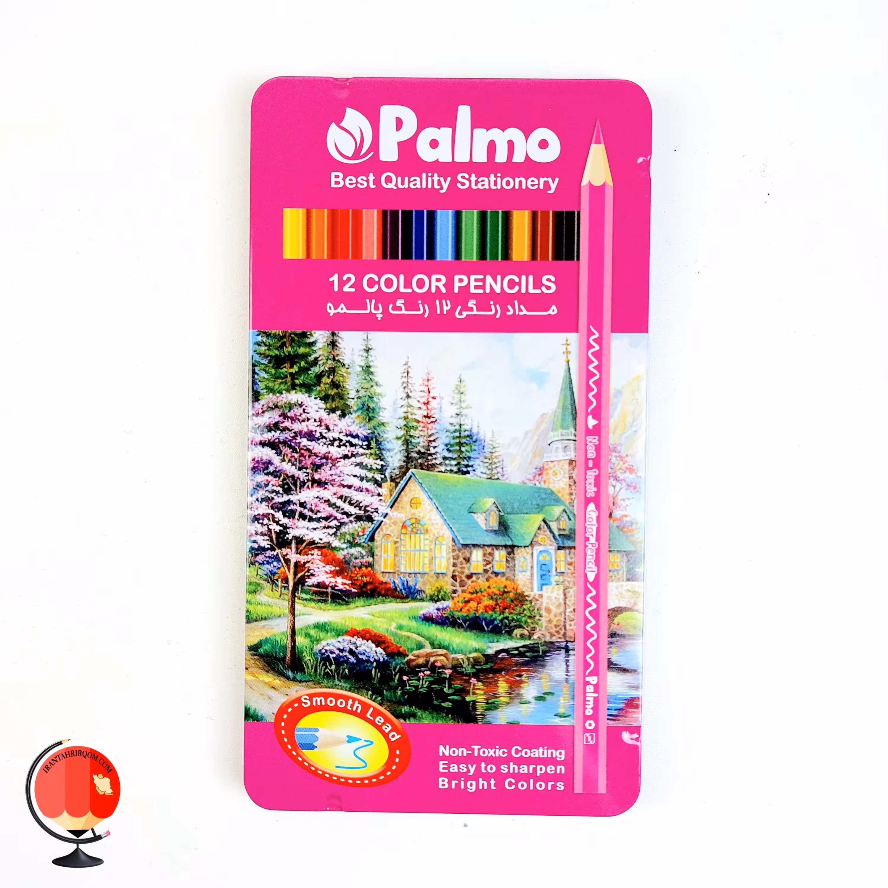 مداد رنگی 12 رنگ پالمو جعبه فلز palmo صورتی کد 14108