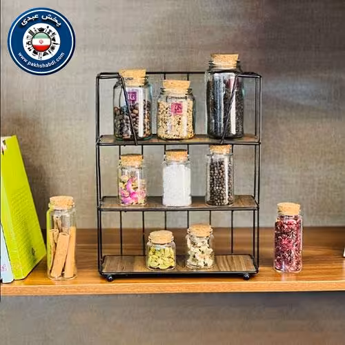 استند جا ادویه 3 طبقه فلزی کف چوبی