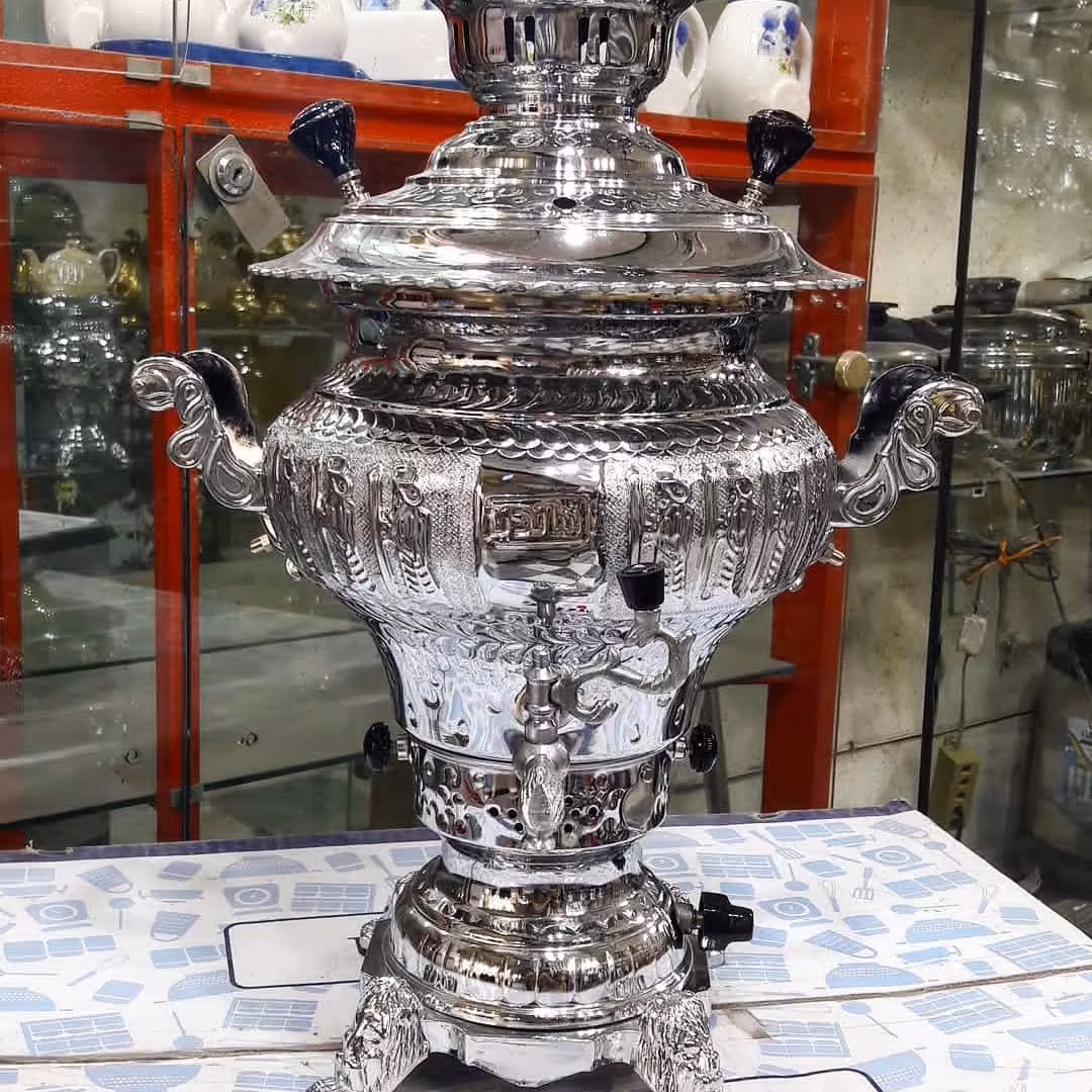 سماور گازی جنس برنج آبکاری استیل 6 لیتر قلمزنی ریز هخامنشی لبه ریخته گری سنگین