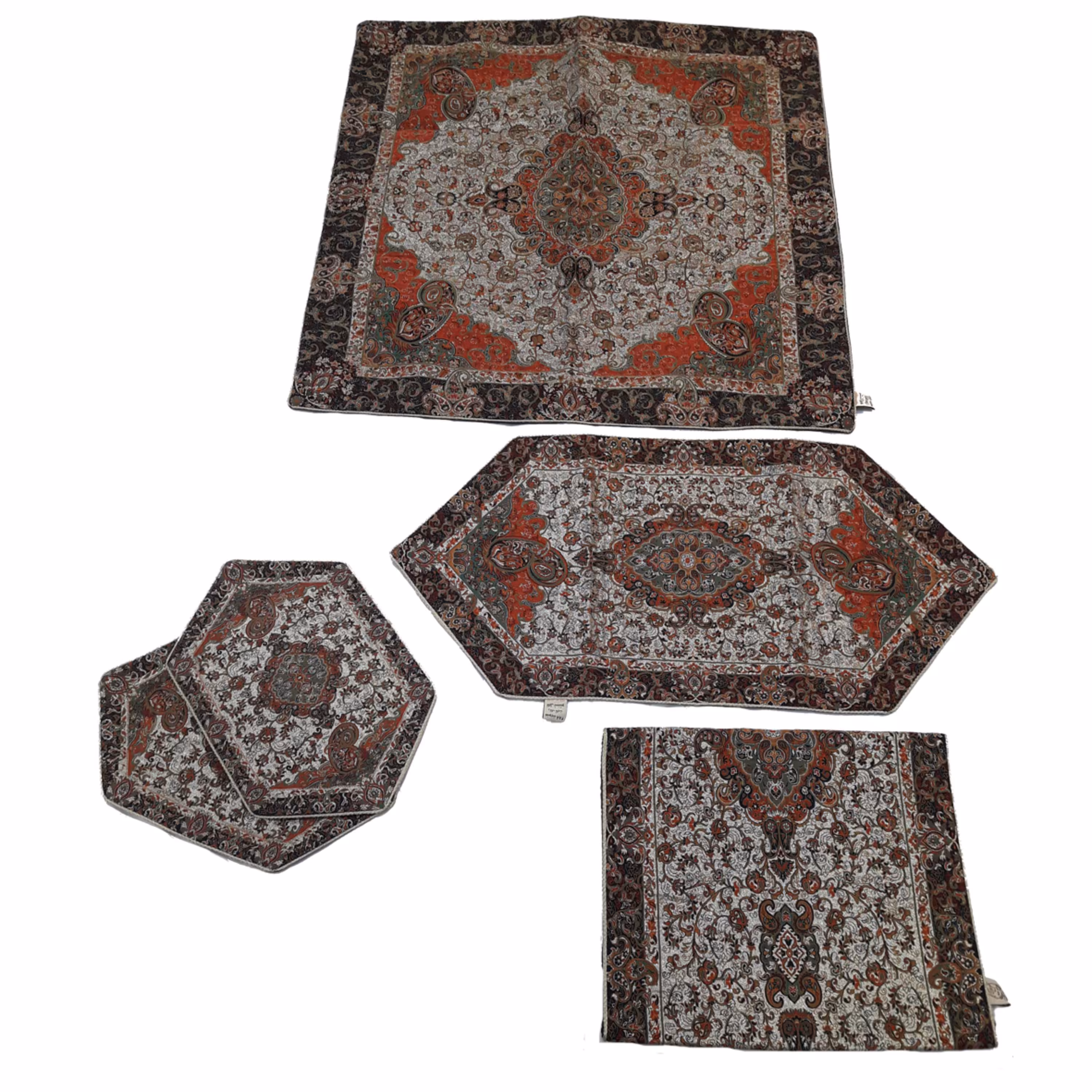 ست رومیزی 5تکه ترمه گل افشان طلایی قرمز(کد 40008)