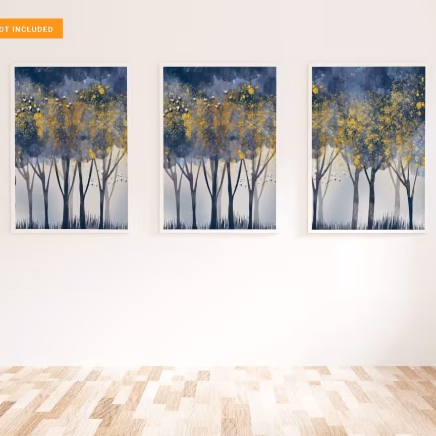 تابلو دکوراتیو طرح جنگل انبوه آبی وطلایی سه تکه 