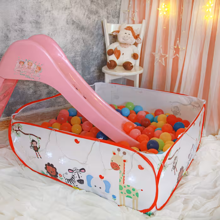 استخر توپ طرح حیوانات جنگل  مدل  النا  چهار ضلعی فنردار  یک متر در یک متر ارتفاع چهل سانت پارچه بنری 
