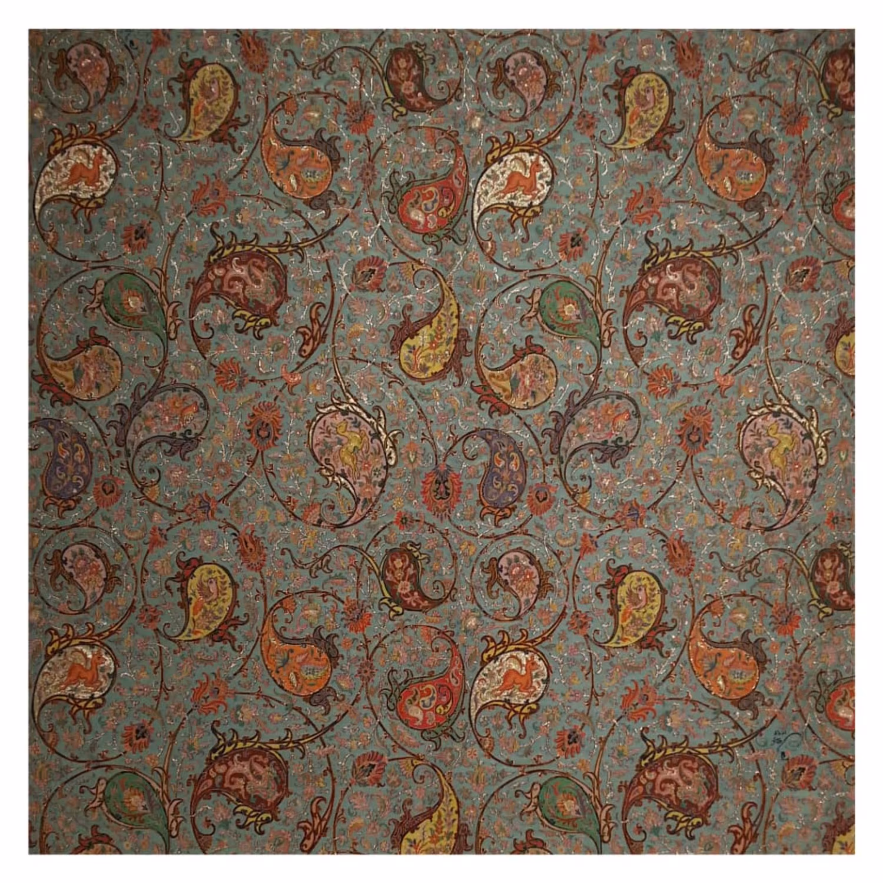 رومیزی ترمه مربع ابریشم  کد TRM118  رنگ سبزآبی  آستر آبی