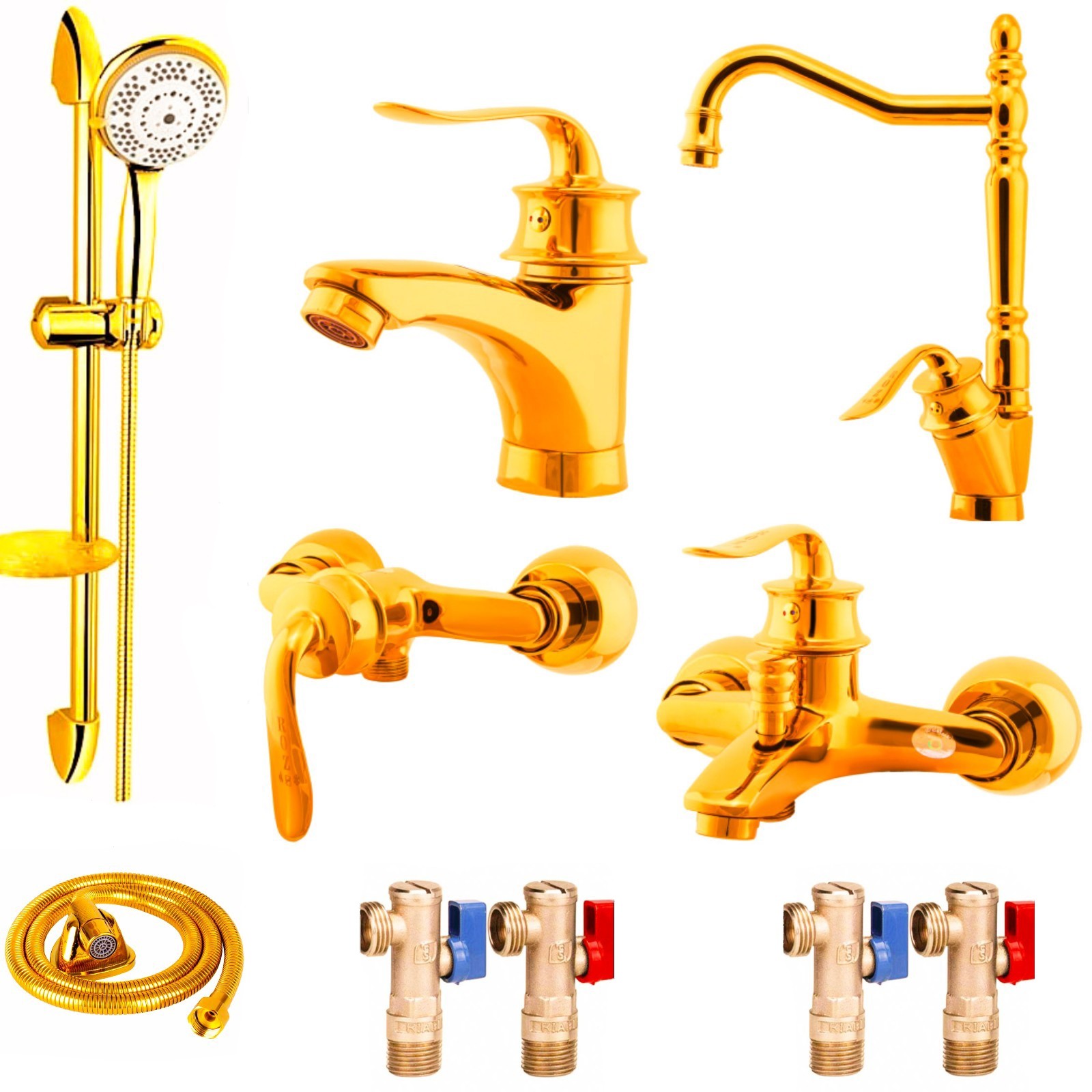 ست شیرالات رز مدل هلن نایس مجموعه 10 عددی طلایی به همراه علم دوش حمام و شلنگ توالت و شیر های پیسوار 