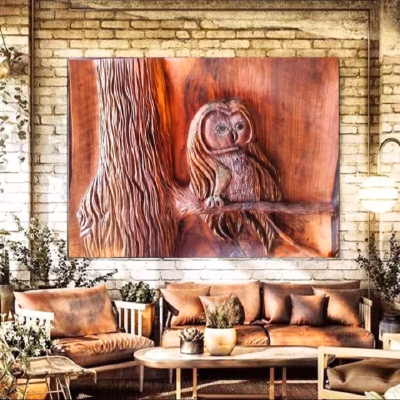 تابلو منبت تماما کار دست چوب گردو طرح جغد ابعاد 55در65