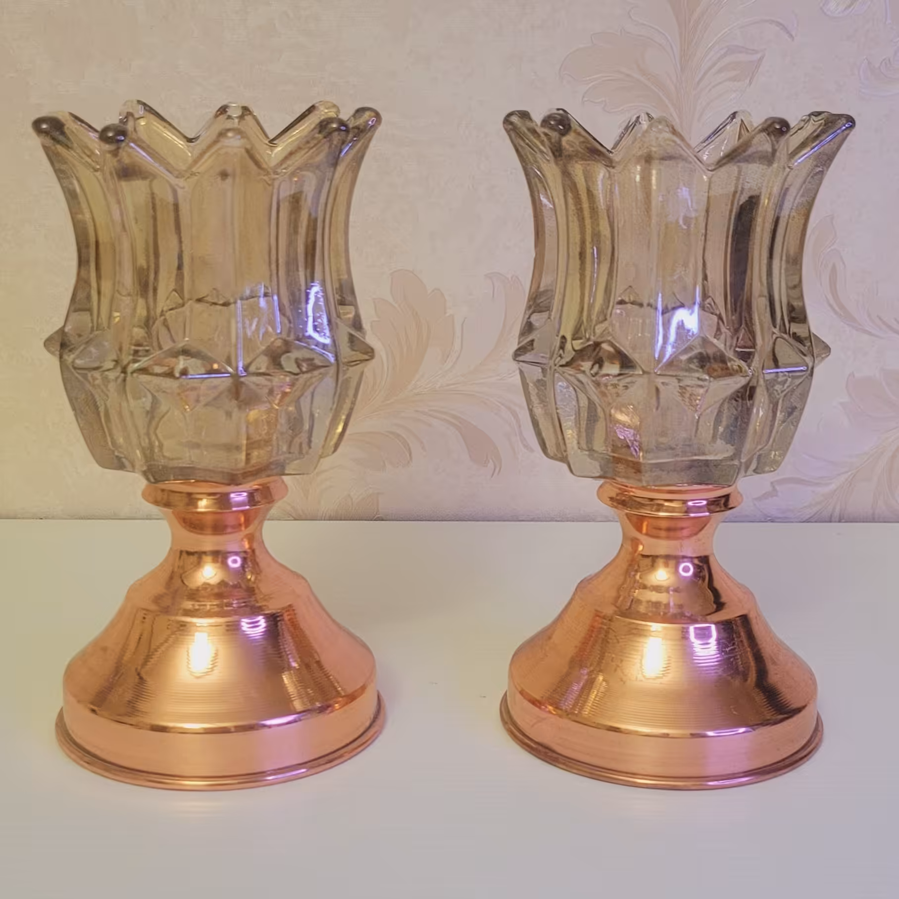 شمعدان مس و شیشه  مجموعه 2 عددی